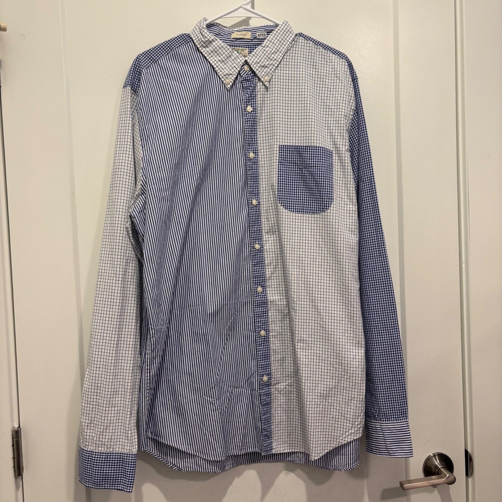 J.Crew Mens XLT Secret Wash Organic Cotton Mixed Pattern Button Down Shirt Blue